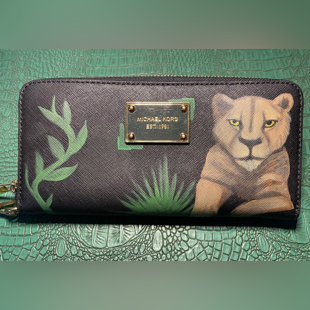 Hand Painted Lioness Black MK Saffiano Leather Wallet w Wristlet Strap